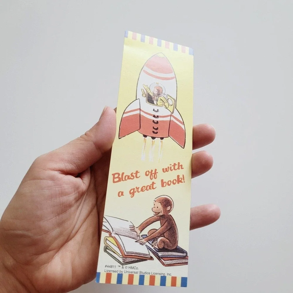 Vintage 90s Curious George Bookmark paperboard- Rocket Books 1990s, HMCo. #44811